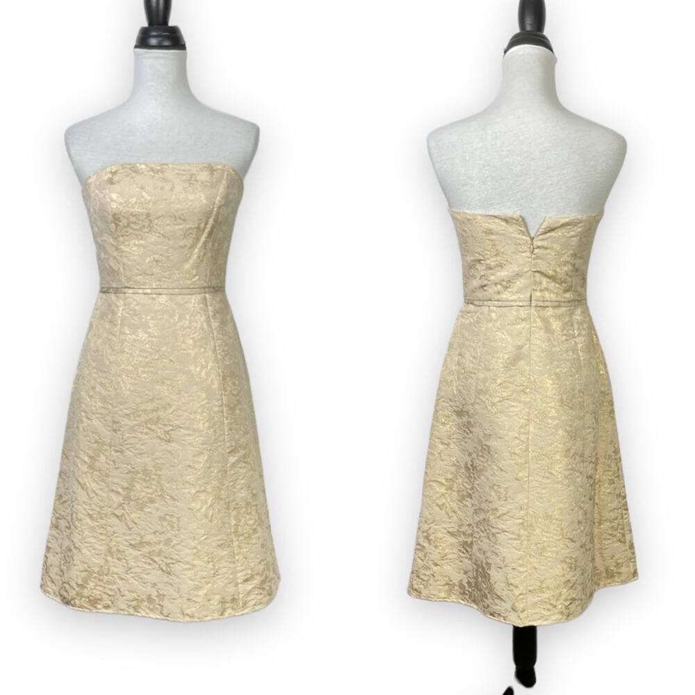 Max & Cleo | Beige & Gold Metallic Brocade Strapless Formal Prom A-line Dress